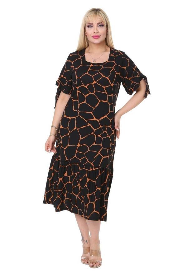 Melsay Butik Geometrik Bağlamalı Kısa Kol Siyah Kadın Midi Elbise - Image 1