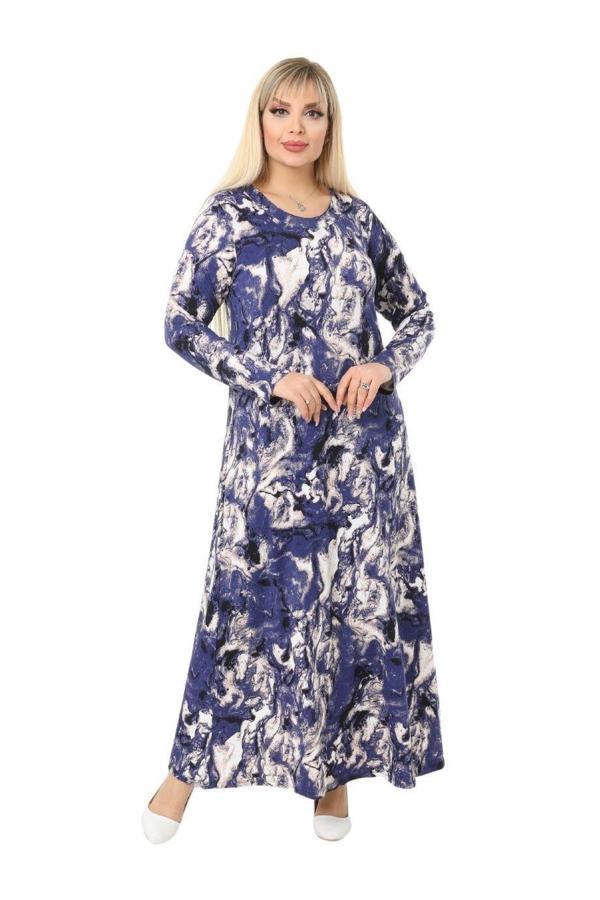 Melsay Butik Mavi Batik Desen Kollu Kadın Uzun Tesettür Elbise - Image 1