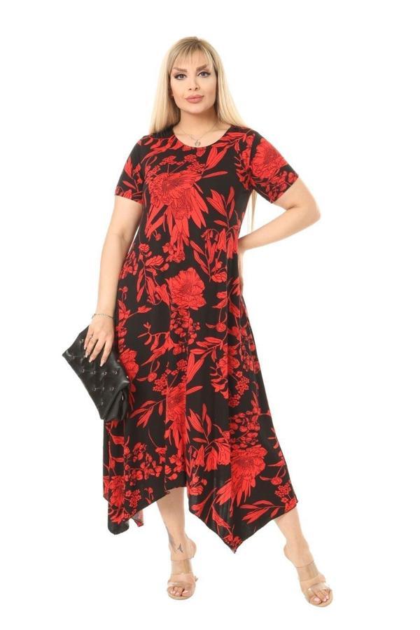 Melsay Butik Kırmızı Palmiye Desen Asimetrik Kısa Kollu Uzun Elbise - Image 1
