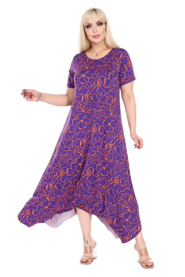 Melsay Butik Mor Çiçek Desen Asimetrik Kısa Kollu Elbise - Image 1