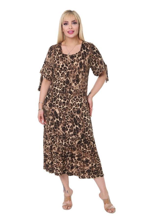 Melsay Butik Büyük Leopar Bağlamalı Kısa Kollu Kadın Midi Elbise - Image 1