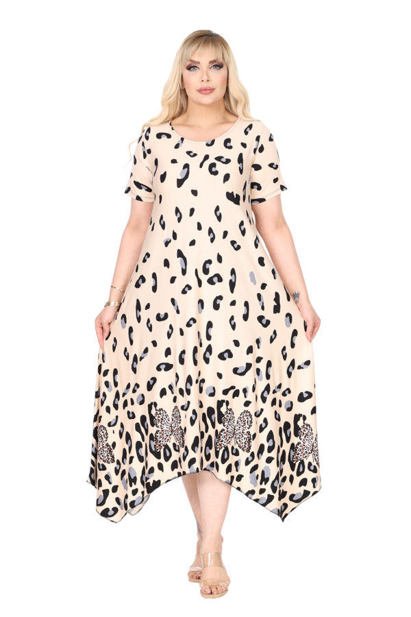 Melsay Butik Bej Sulu Leopar Desenli Asimetrik Kısa Kollu Elbise - Image 1