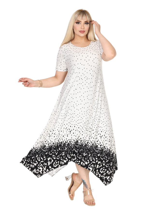 Melsay Butik Beyaz Puanlı Eteği Leopar Desen Asimetrik Kısa Kollu Elbise - Image 1