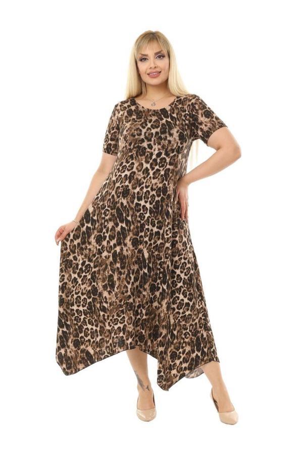 Melsay Butik Büyük Leopar Desen Asimetrik Kısa Kollu Uzun Elbise - Image 1