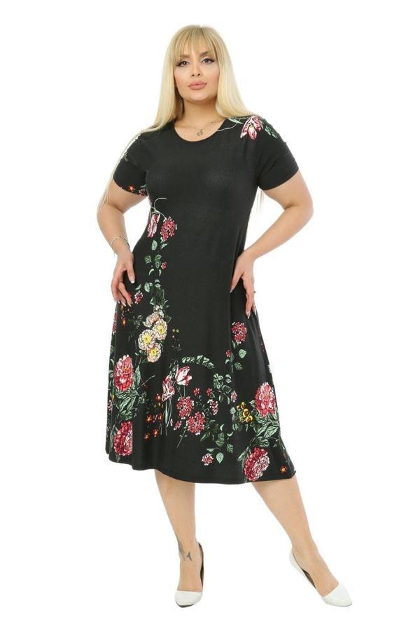 Melsay Butik Siyah Pembe Çiçekli Kısa Kollu Büyük Beden Midi Elbise - Image 1