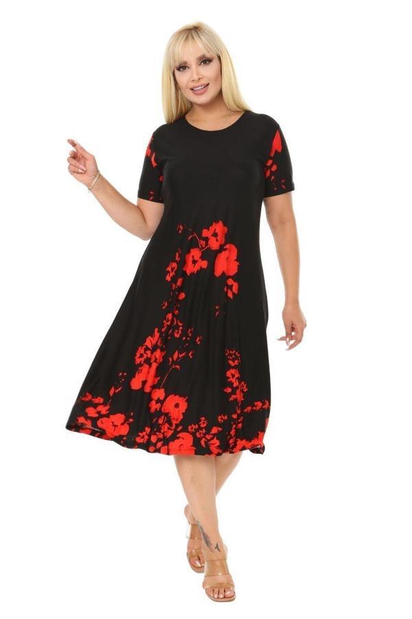 Melsay Butik Kırmızı Gelincik Kısa Kollu Büyük Beden Midi Elbise - Image 1