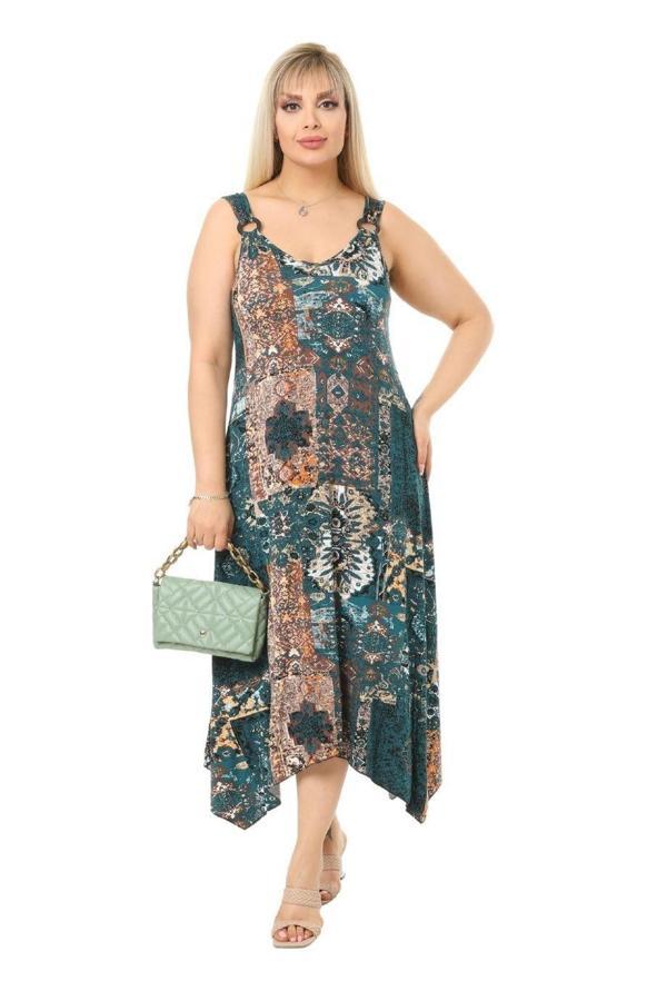 Melsay Butik Yeşil Etnik Desen Askılı V Yaka Uzun Elbise - Image 1