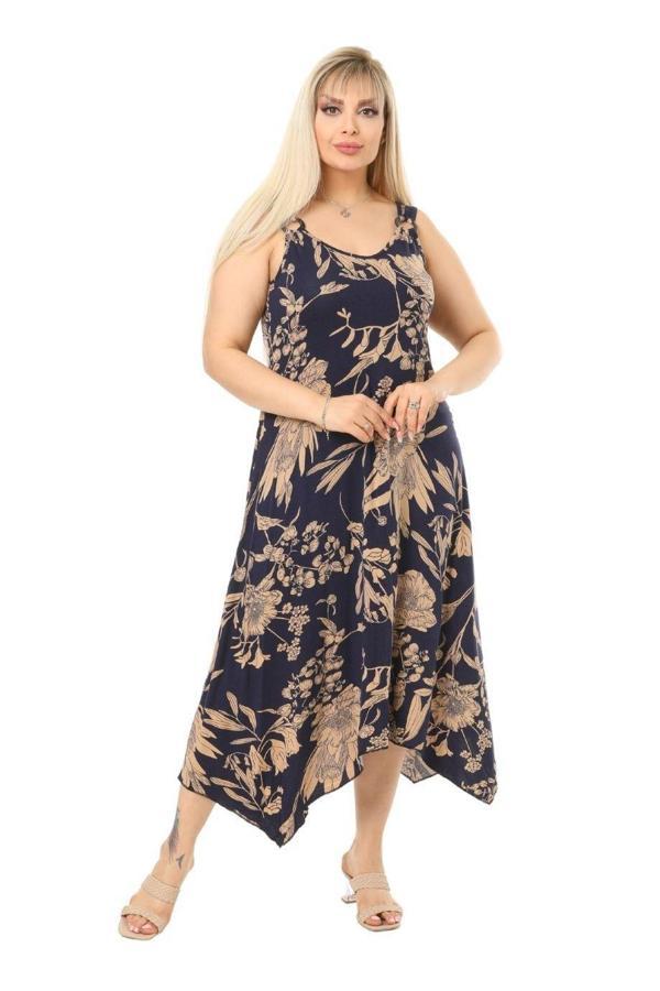 Melsay Butik Lacivert Palmiye Desen Askılı V Yaka Uzun Elbise - Image 1
