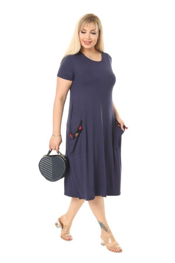 Melsay Butik Püsküllü Cepli Kısa Kollu Lacivert Midi Elbise - Image 1
