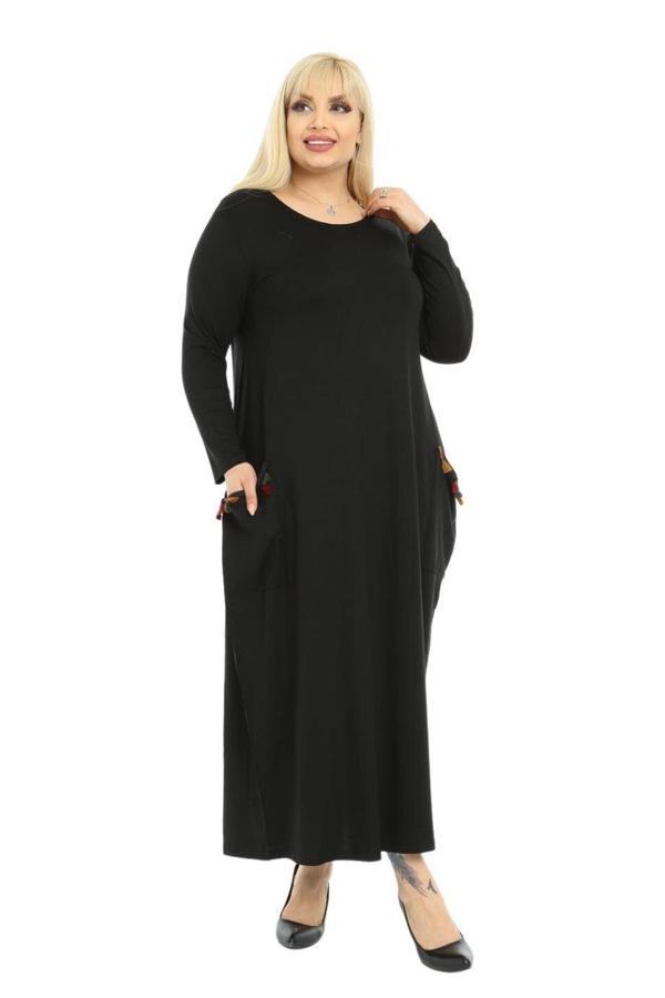 Melsay Butik Püsküllü Cepli Kadın Uzun Kollu Siyah Tesettür Elbise - Image 1