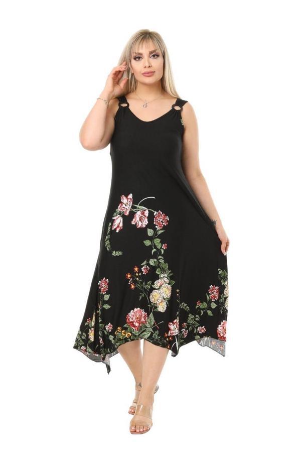 Melsay Butik Siyah Pembe Çiçekli Askılı V Yaka Uzun Elbise - Image 1