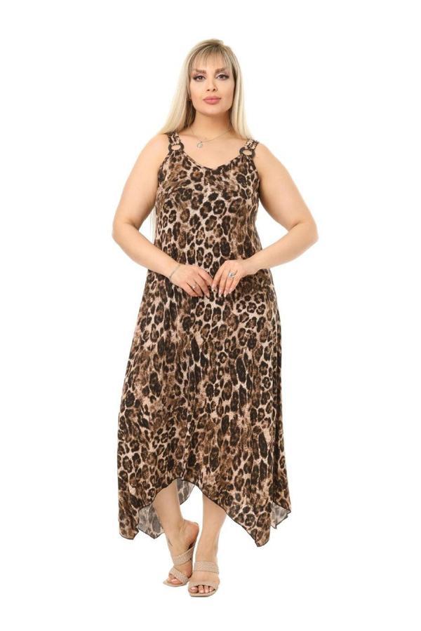 Melsay Butik Büyük Leopar Desen Askılı V Yaka Uzun Elbise - Image 1