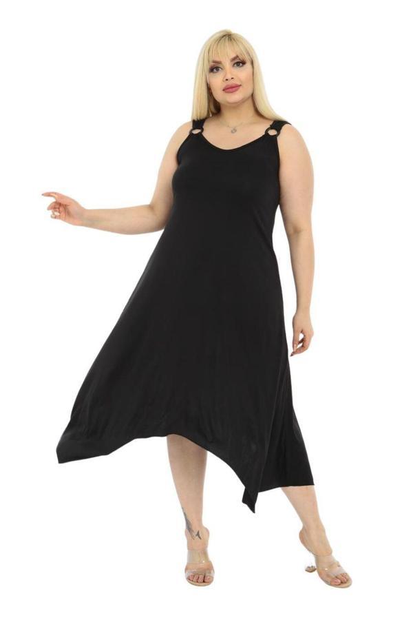 Melsay Butik Düz Siyah Askılı V Yaka Uzun Elbise - Image 1