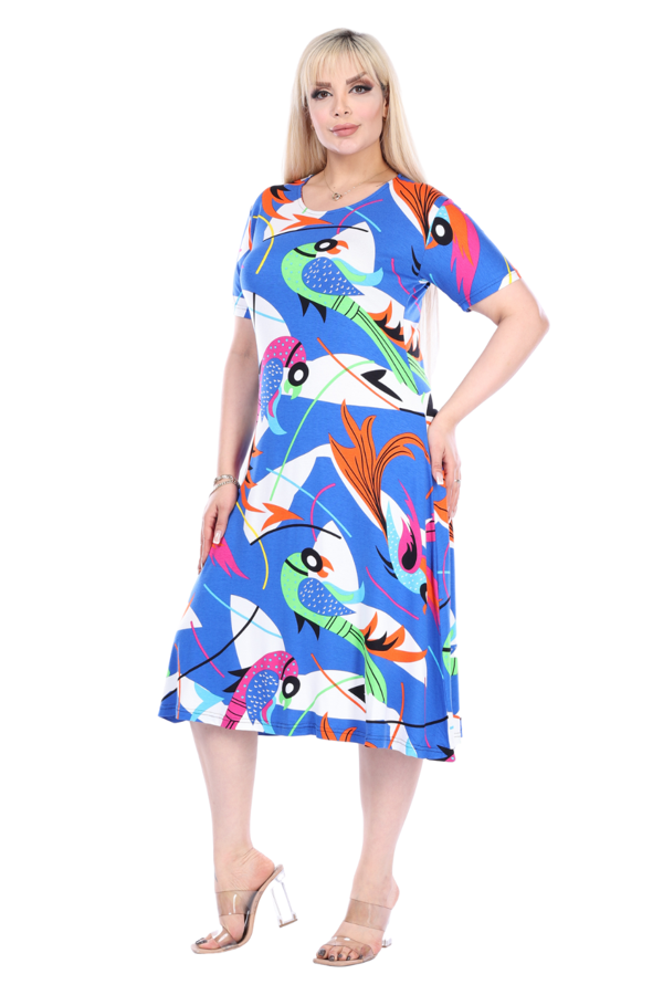 Melsay Butik Mavi Balık Desen Kısa Kollu Büyük Beden Midi Elbise - Image 1