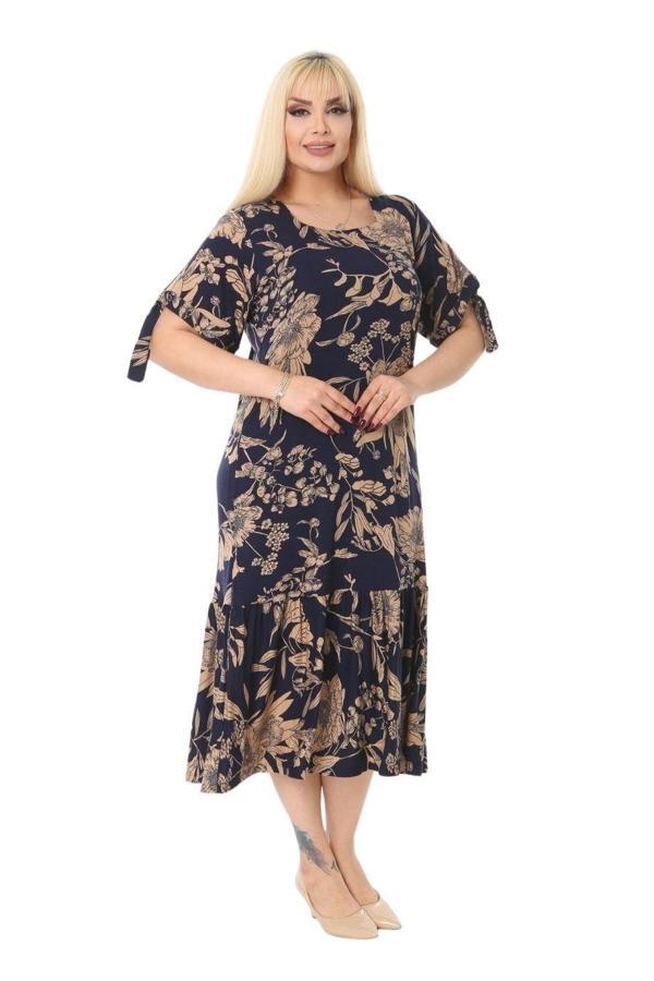 Melsay Butik Lacivert Palmiye Desen Bağlamalı Kısa Kollu Kadın Midi Elbise - Image 1