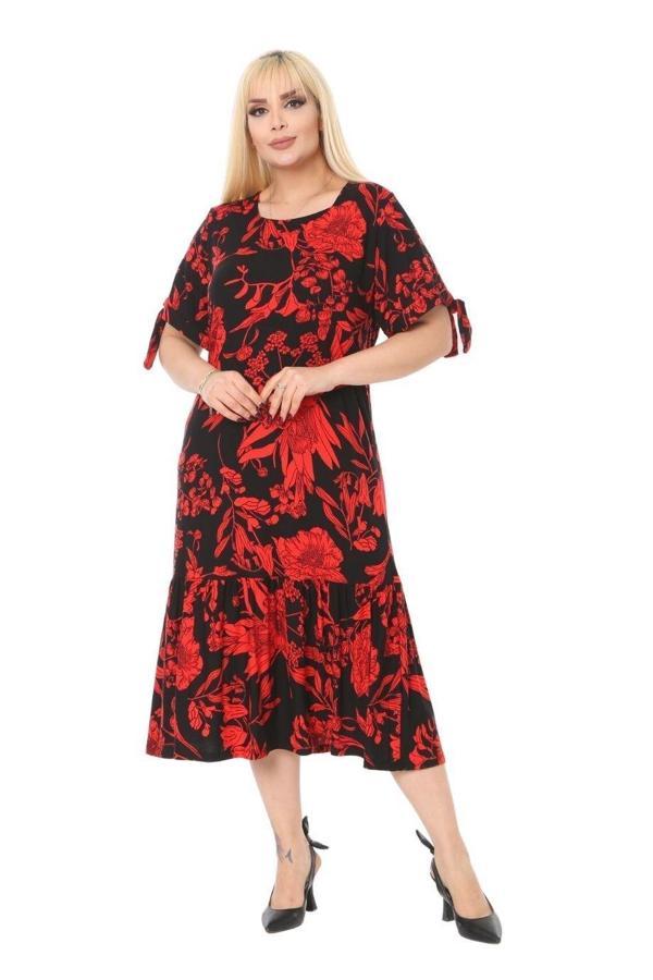 Melsay Butik Kırmızı Palmiye Desen Bağlamalı Kısa Kollu Kadın Midi Elbise - Image 1