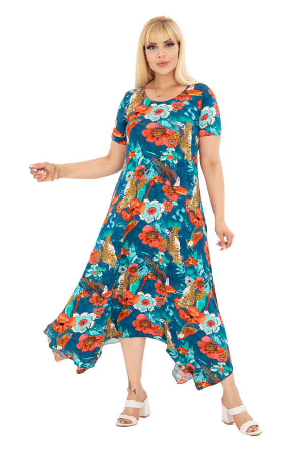 Melsay Butik Yeşil Papağan Desen Asimetrik Kısa Kollu Elbise - Image 1