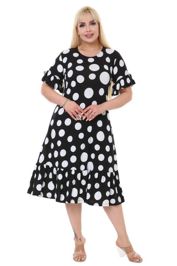 Melsay Butik Puantiye Desen Cepli Fırfırlı Kısa Kol Kadın Midi Elbise - Image 1