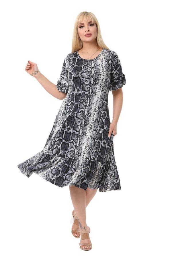 Melsay Butik Gri Yılanderisi Fırfırlı Kısa Kol Kadın Midi Elbise - Image 1
