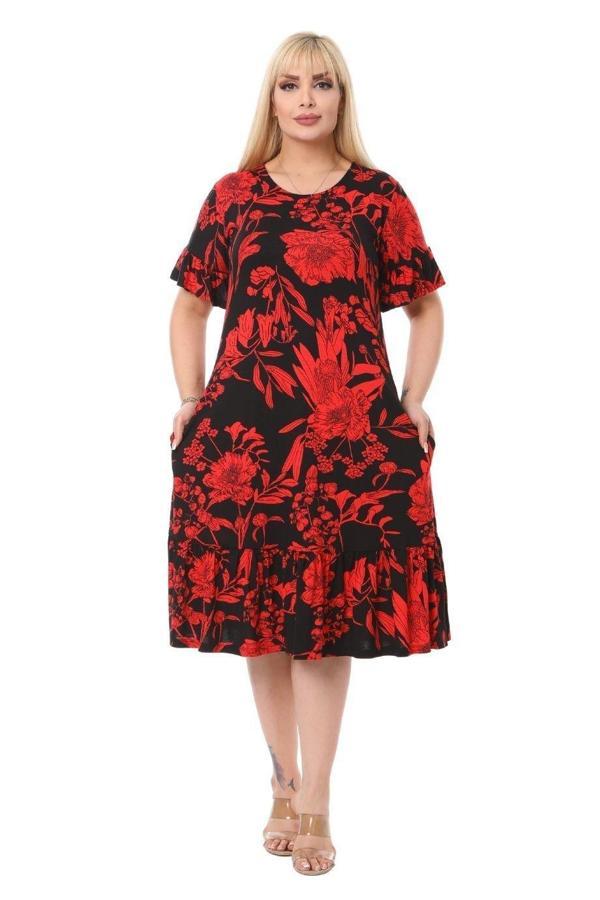 Melsay Butik Kırmızı Palmiye Fırfırlı Kısa Kollu Kadın Midi Elbise - Image 1