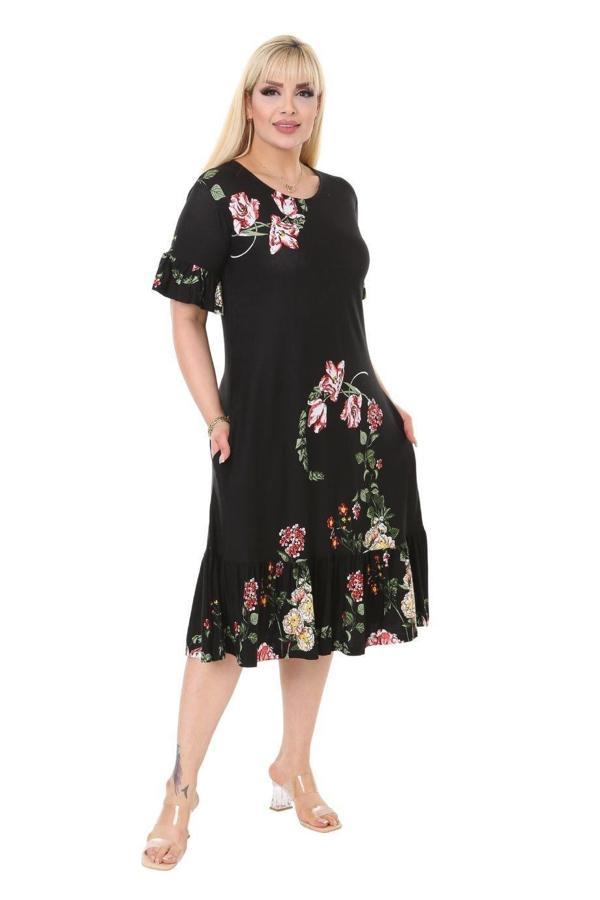 Melsay Butik Siyah Pembe Çiçekli Fırfır Detaylı Kısa Kollu Midi Elbise - Image 1