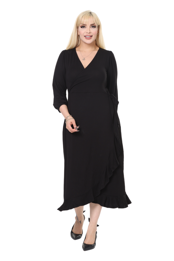 Melsay Butik Siyah Kruvaze Yaka Anvelop Etek Midi Elbise - Image 1