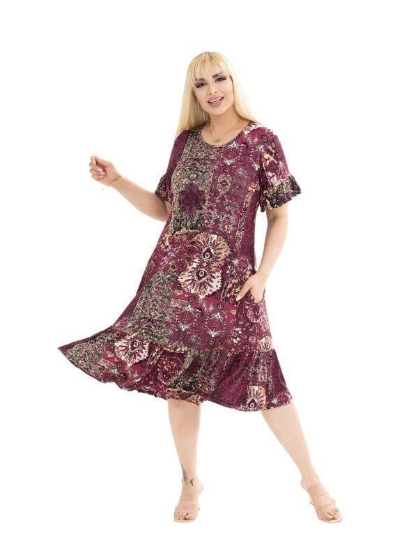 Melsay Butik Bordo Etnik Desen Fırfırlı Kısa Kollu Kadın Midi Elbise - Image 1