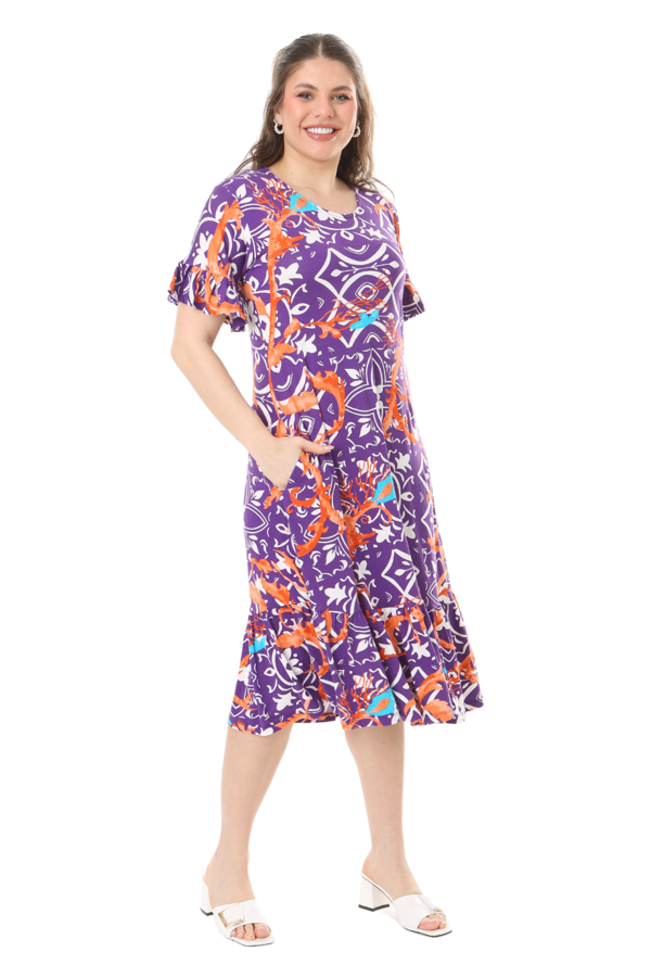 Melsay Butik Fırfırlı Cepli Kısa Kollu Mor Retro Desenli Elbise - Image 1