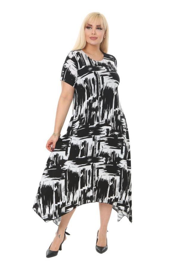 Melsay Butik Fırça Desen Asimetrik Kısa Kollu Uzun Elbise - Image 1