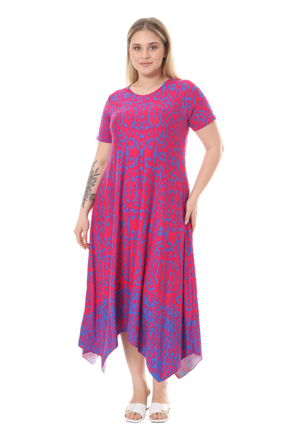 Melsay Butik Pembe Mavi Kilim Desen Asimetrik Kısa Kollu Elbise - Image 1