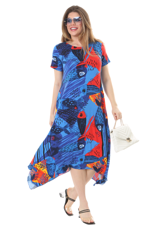Melsay Butik Sax Balık Desen Asimetrik Kısa Kollu Elbise - Image 1