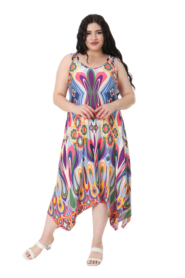 Melsay Butik Ekru Mavi Desenli Askılı V Yaka Elbise - Image 1