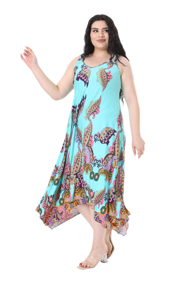 Melsay Butik Turkuaz Renkli Şal Desenli Askılı V Yaka Elbise - Image 1