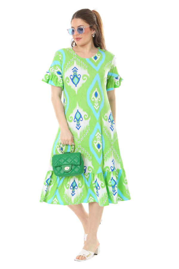 Melsay Butik Kısa Kollu Fırfırlı Cepli Yeşil Motif Desenli Midi Elbise - Image 1