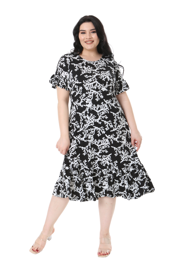 Melsay Butik Kısa Kollu Fırfırlı Cepli Siyah Beyaz Mercan Desenli Midi Elbise - Image 1