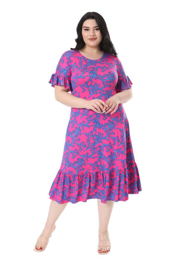 Melsay Butik Kısa Kollu Fırfırlı Cepli Pembe Mavi Mercan Desenli Midi Elbise - Image 1
