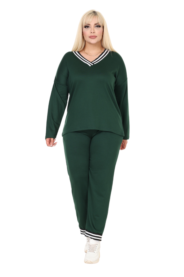 Melsay Butik Zümrüt Yeşili V Yaka Yakası Şerit Detaylı Eşofman Takımı - Image 1