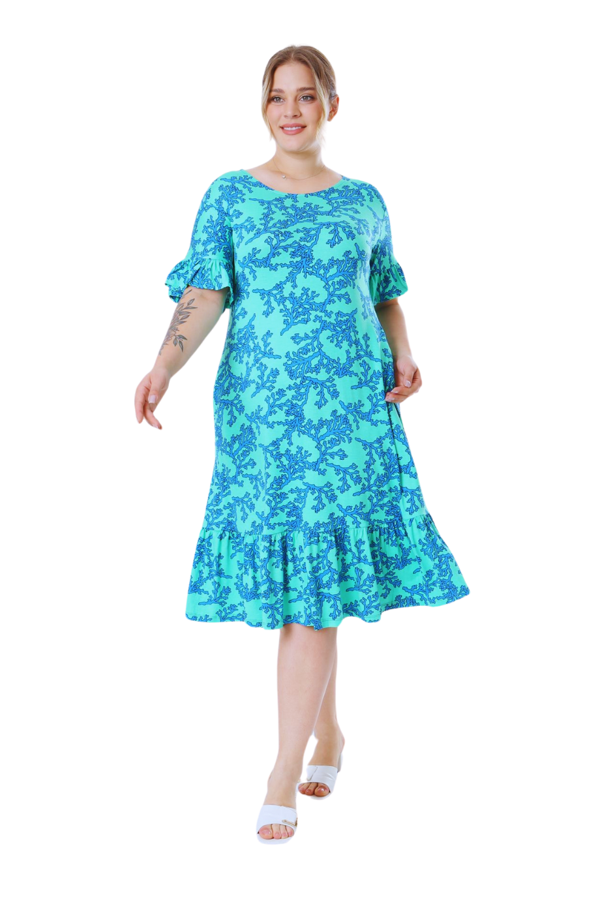 Melsay Butik Kısa Kollu Fırfırlı Cepli Turkuaz Mercan Desenli Midi Elbise - Image 1