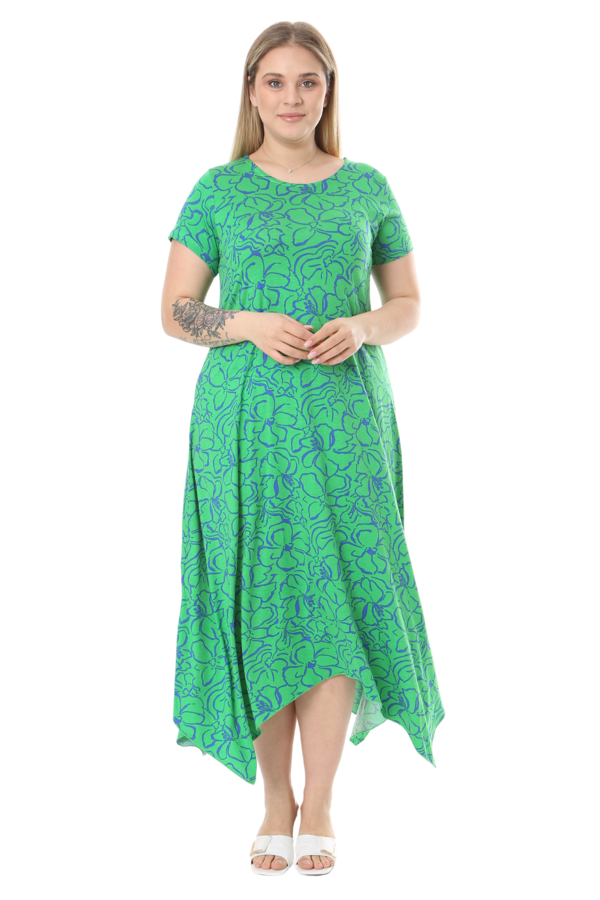 Melsay Butik Yeşil Çiçek Desen Asimetrik Kısa Kollu Elbise - Image 1