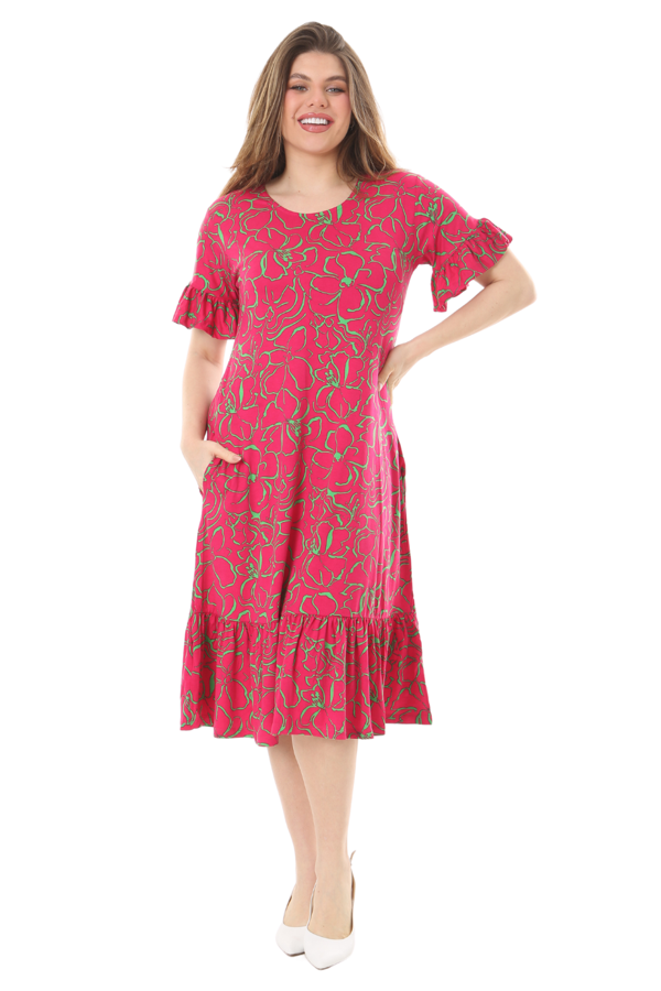 Melsay Butik Fırfırlı Kısa Kollu Pembe Çiçek Desenli Cepli Elbise - Image 1