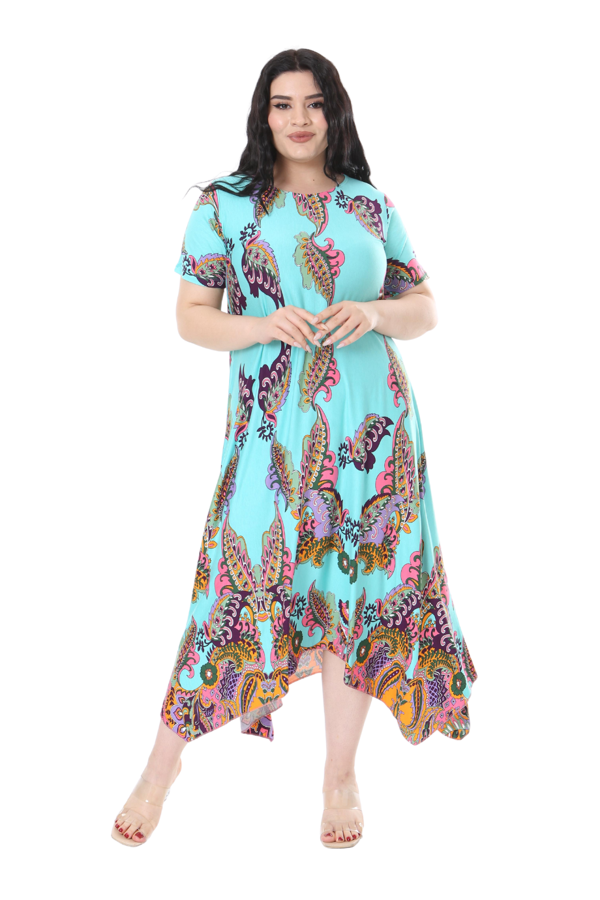Melsay Butik Turkuaz Renkli Şal Desen Asimetrik Kısa Kollu Elbise - Image 1