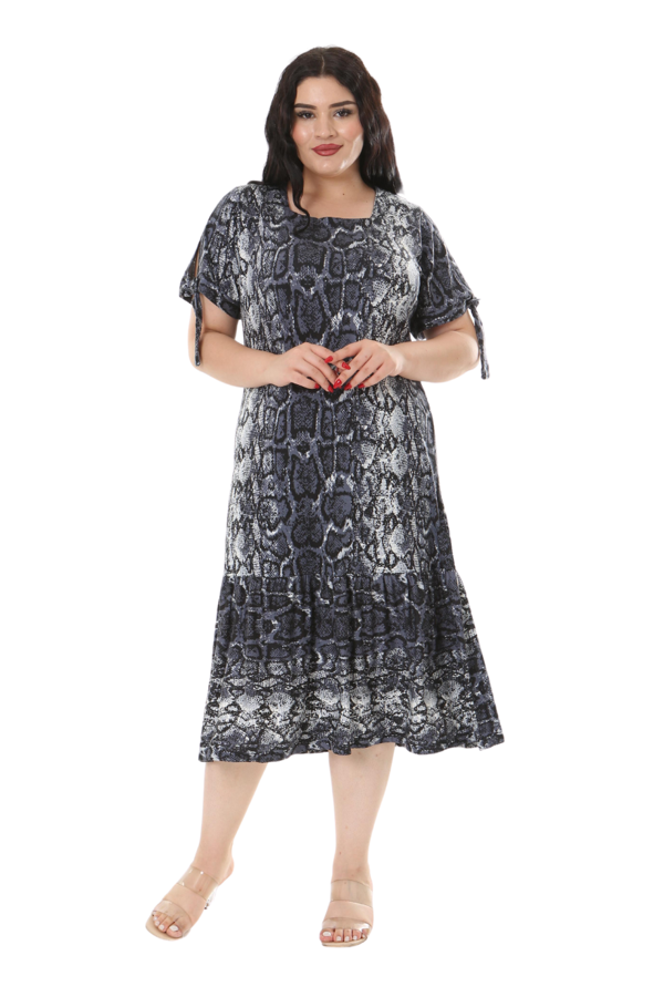 Melsay Butik Kolları Bağlamalı Gri Yılan Desen Kısa Kollu Kadın Midi Elbise - Image 1