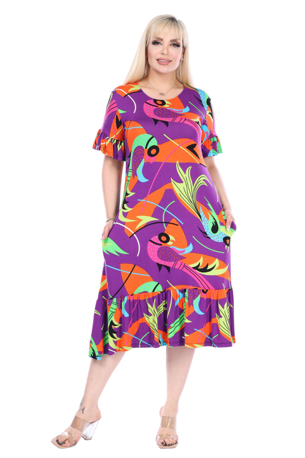 Melsay Butik Fırfırlı Kısa Kollu Mor Balık Desenli Kadın Cepli Midi Elbise - Image 1