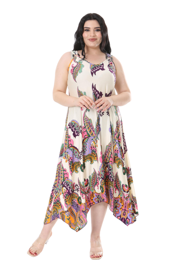 Melsay Butik Ekru Renkli Şal Desenli Askılı V Yaka Elbise - Image 1