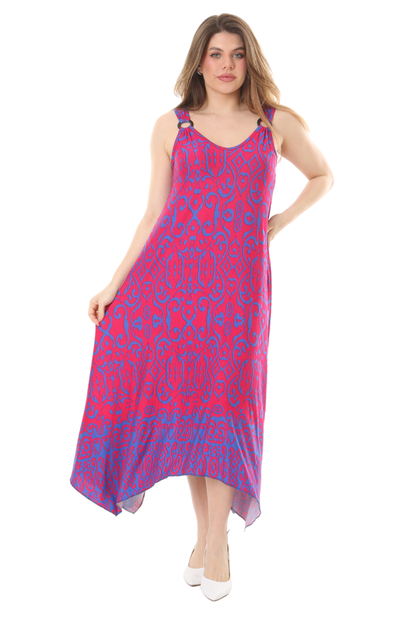 Melsay Butik Pembe Mavi Kilim Desen Askılı V Yaka Elbise - Image 1