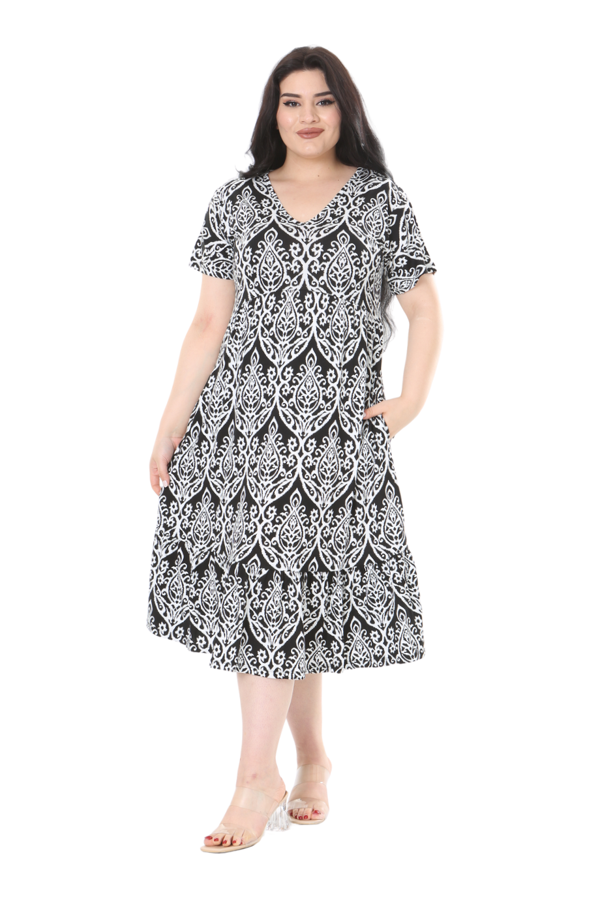 Melsay Butik Göğüsten Robalı V Yaka Kısa Kollu Beyaz Dantel Desenli Cepli Elbise - Image 1