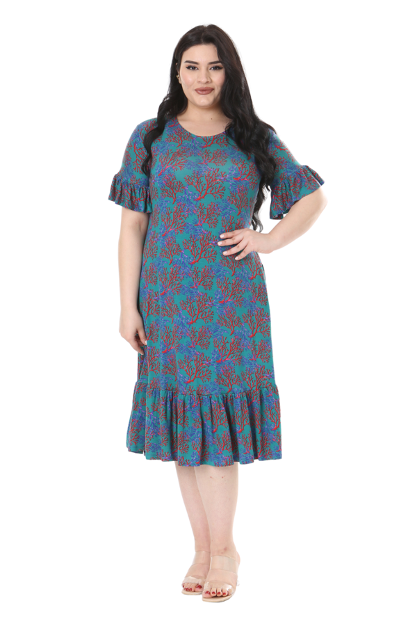 Melsay Butik Kısa Kollu Fırfırlı Cepli Mavi Küçük Mercan Desenli Midi Elbise - Image 1
