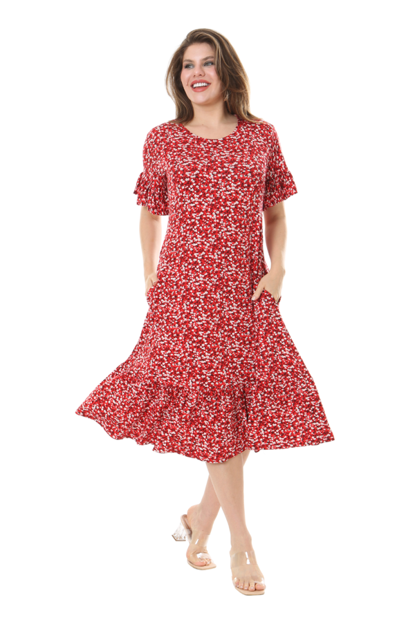 Melsay Butik Fırfırlı Cepli Kırmızı Çıtır Desenli Kısa Kollu Midi Elbise - Image 1