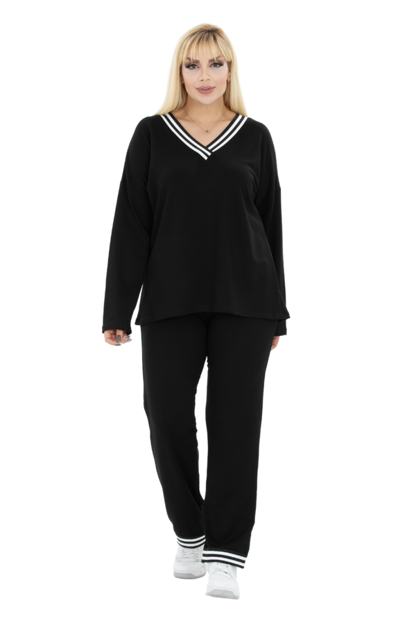 Melsay Butik Siyah V Yaka Yakası Ve Paçası Şerit Detaylı Eşofman Takımı - Image 1