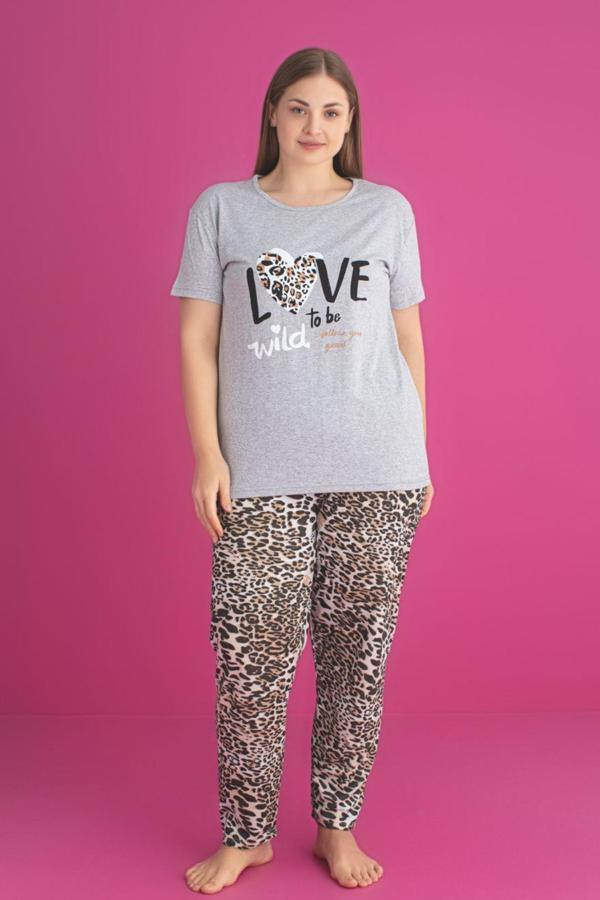 X-Dreamy Büyük Beden Pamuklu Leopar Desenli Kısa Kollu Pijama Takımı - Image 1